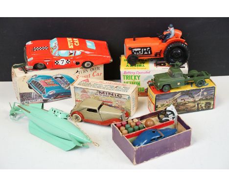 Five boxed models to include Schuco 3000 Telesteering car in blue complete with all accessories, Triang Minic Sports Saloon i