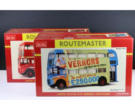 Two boxed ltd edn Sun Star 1/24 scale diecast model Routemaster buses to include 2905 RM 686 WLT 686 Vernon's Pools with ltd 