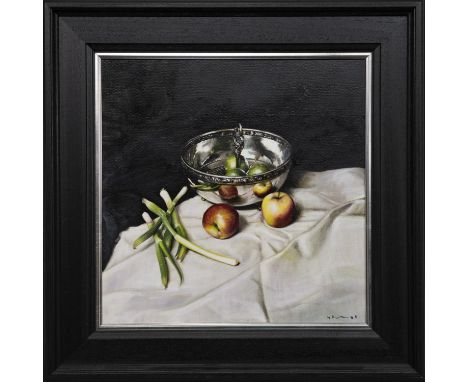 * GERARD BURNS (SCOTTISH b. 1961), STILL LIFE OF FRUIT IN A SILVER BOWL oil on canvas, signed image size 50cm x 50cm, overall