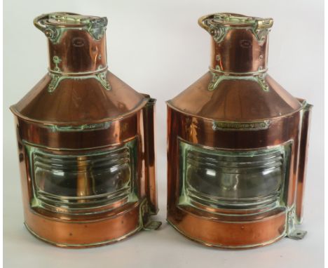 TWO MID TWENTIETH CENTURY AND BRASS SHIPS LAMPS, applied with brass tablet embossed 'Bow Starboard Pat 22', the chimneys stam