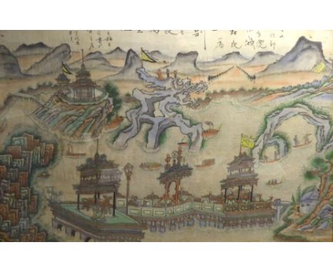 A CHINESE LATE QING DYNASTY BLACK INK AND WATERCOLOUR ON SILK DRAWING, a maritime scene with gunboats, steamships, sailing an