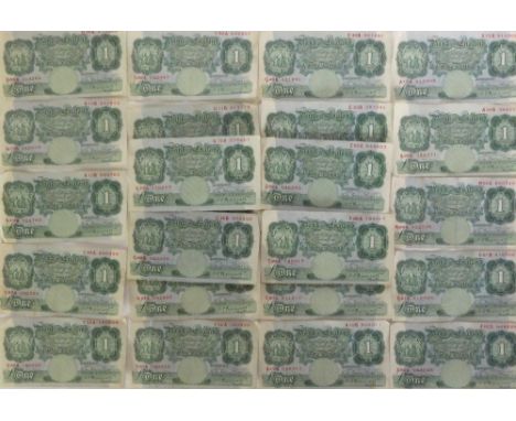 TWENTY FIVE VERY FINE ONE POUND GREEN BANKNOTES K. O PEPPIATT CHIEF CASHIER used but little soiling, crisp with folds and cre