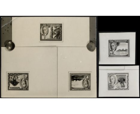 Gambia. 1952 photograph of proposed values as in the preceding lot, three on one piece shown pinned to backing board (½d, 4d 