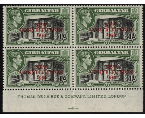 Gibraltar. 1950 1/- New Constitution imprint block of four, R9/4 broken 'R', unmounted mint. SG 143a (£140)/CW S15a