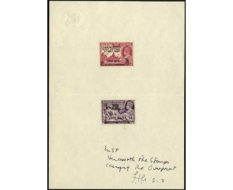 Burma. 1940 Stamp Centenary issue. Essays for overprints on the 2a 6p and 3a, each reading 'COMMEMORATION/PENNY POSTAGE/6TH M