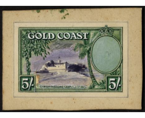 Gold Coast. 1938-44 5/- handpainted essay in violet and green depicting Christiansborg Castle with values, oval and country n