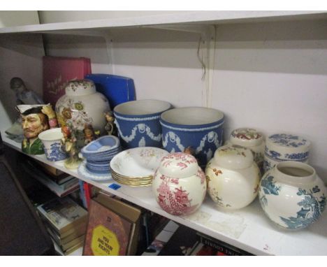 A mixed lot to include Hummel figures, Wedgwood Jasperware, a large Nao figure, Masons and other mixed china