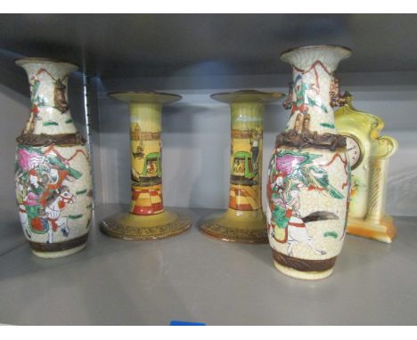 A pair of Royal Doulton series ware candlesticks depicting Venetian canal scenes, one A/F, 8 6/8 h, a pair of Chinese crackle