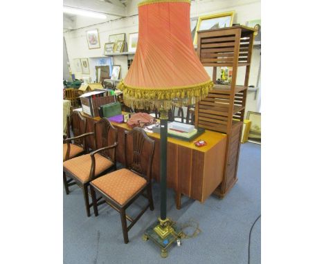 A mid 20th century gilt brass and green marble standard lamp with two fabric shades