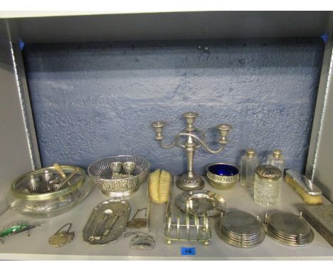 A selection of silver and silver plate to include a silver and green enamelled pea pod footed dish, a silver whisky decanter 