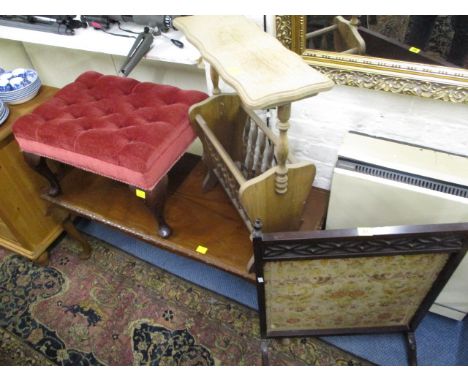 Furniture comprising an Edwardian mahogany fire screen with a tapestry embroidered panel, an upholstered stool, a long John c