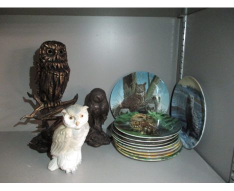 Ten collectors plates depicting owls to include Royal Doulton, together with two resin models of owls and a Nao model of an o