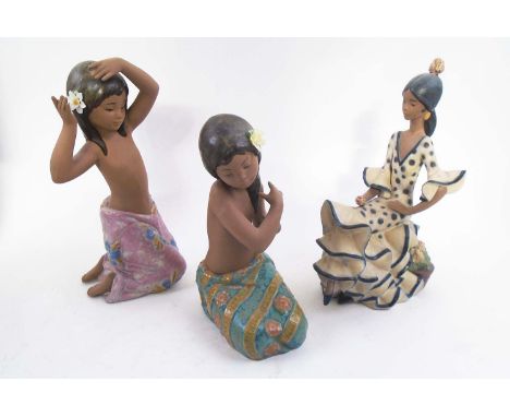 THREE LLADRO FIGURINES, 'Pacific jewel', 'Adalucian dancer' and 'Tropical flower', tallest 25cm H, all as new with boxes. (3)