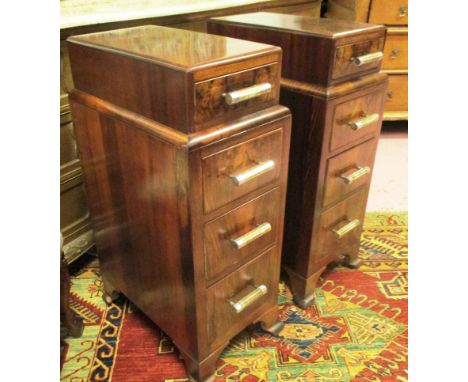 BEDSIDE CHESTS, a pair, Art Deco walnut each with one smaller over three larger drawers on bracket supports, 80cm H x 32cm x 