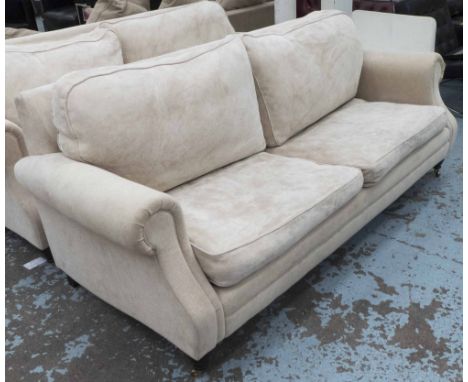 WESLEY BARREL SOFA, two seater, in neutral fabric on turned castor supports, 210cm L.