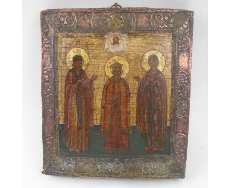 18TH CENTURY ICON, depicting three saintly figures, painted on wooden panel, foliate embossed metal surround, 31cm H x 28cm.