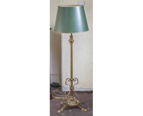 STANDARD LAMP, Edwardian brass of adjustable telescopic action, 141cm lowest H including shade.