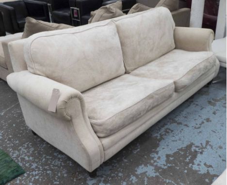 WESLEY BARREL SOFA, two seater, in neutral fabric on turned castor supports, 210cm L.
