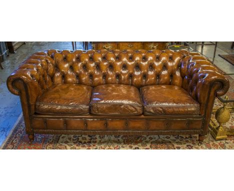 CHESTERFIELD SOFA, vintage hand finished and deep button upholstered, leaf brown leather with curved back and arms, 184cm. 