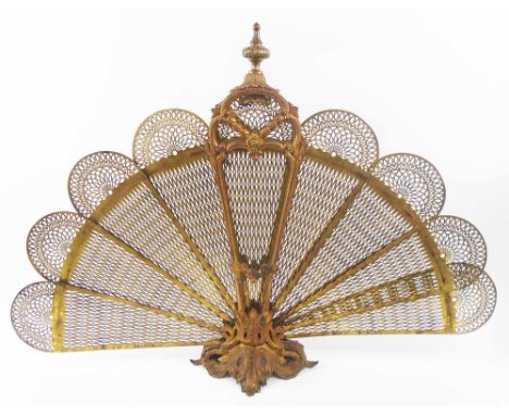 BRASS 'PEACOCK FAN' FIRE SCREEN, 69cm H x 100cm max open.