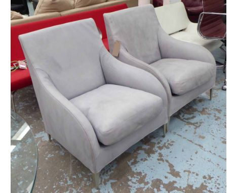 B&B ITALIA ARMCHAIRS, a pair, in powder grey grained and stitched leather and metal bracket supports (labelled and stamped), 