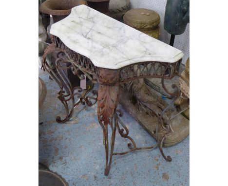 CONSOLE TABLE, the shaped marble top on a distressed wrought iron base, 100cm x 82cm H x 40cm. 
