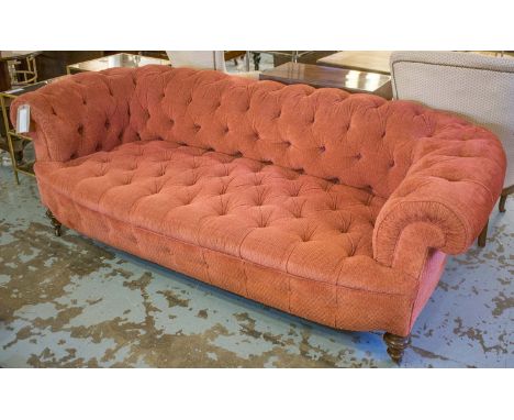 CHESTERFIELD SOFA, Victorian walnut in salmon pink chenille with buttoned back, 210cm x 73cm H x 98cm D.