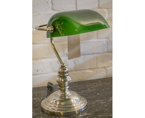 BANKER'S LAMP, traditional silvered metal with hinged green glass shade, 37cm H. 