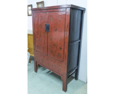 MARRIAGE CABINET, Chinese red lacquer and gilt decorated of two doors enclosing a shelf, 100cm x 52cm x 164cm.