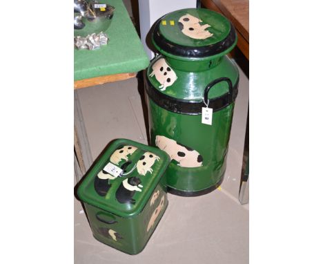 A hand-painted enamel bread bin, and a milk churn, decorated with pigs.  (2)