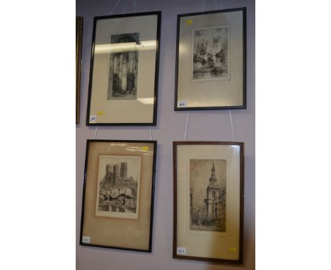 Etchings by Edward Sharland, Featherstone Robson and W. Edwin Llow - 'Bow Church, London' and 'Worcester Cathedral'; and Durh