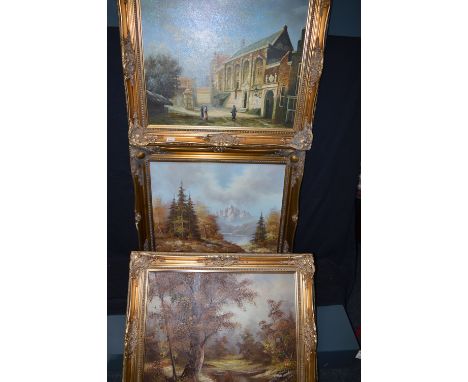 Continental oil paintings, by C. Inness; K. Valentino; and E. Thaulow, depicting landscapes and a town scene.  (3)