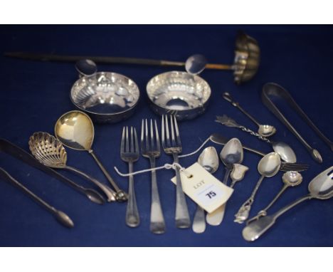 A quantity of Victorian and later silver flatware, to include: forks, teaspoons, and sugar tongs, 10.8oz; a pair of plated wi