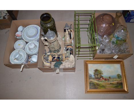 Cut glassware; German ceramic tankards; a part tea and dinner service by Noritake; a green wire wine rack; a quilt; soft toys