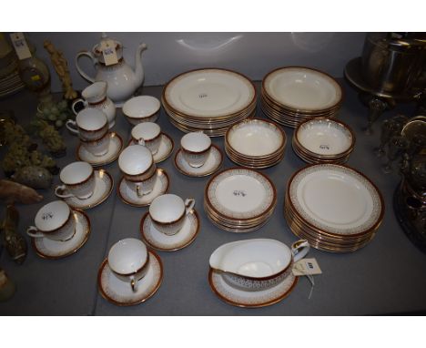 A Royal Grafton 'Majestic' pattern part dinner and tea service, to include: dinner plates, soup bowls, teapot, tea cups and s