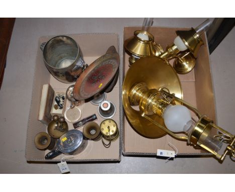 A brass miner's lamp; candlesticks; oil lamps; and other items of metalware.
