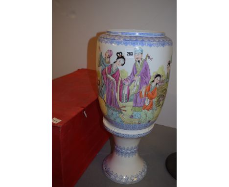 A Republican period Chinese eggshell porcelain lamp, with enamel decoration in the form of figures, on pedestal stand, with b