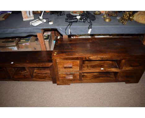 A contemporary stained wood TV stand, the central shelf flanked by four drawers, 125.5cms wide; and a record stand of similar