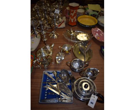 Silver-plated and other metalware, to include: a pair of twist branch candelabra; a three-piece tea service, by Northern Gold