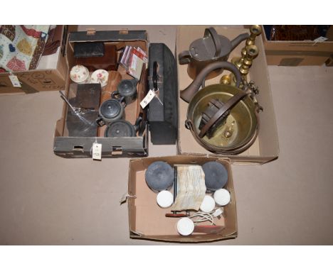 A pair of brass candlesticks; a carriage lamp by Veritas Lamp Works, London; a brass watering can; a typewriter by Harrison &