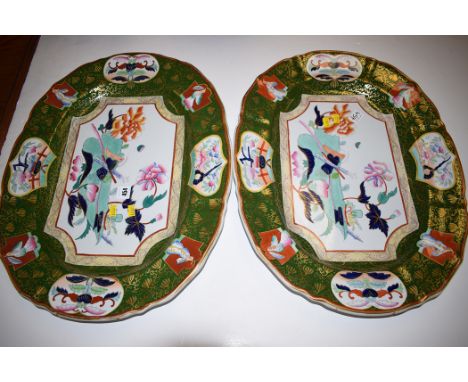 A pair of Ashworth Ironstone china meat platters in the Imari style, with green borders.