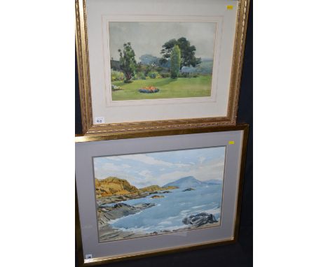 Alice E. Arthur - "The Walled Garden at Hesleyside", signed, water colour; together with Joseph H*** Kirsop - a rocky coastal