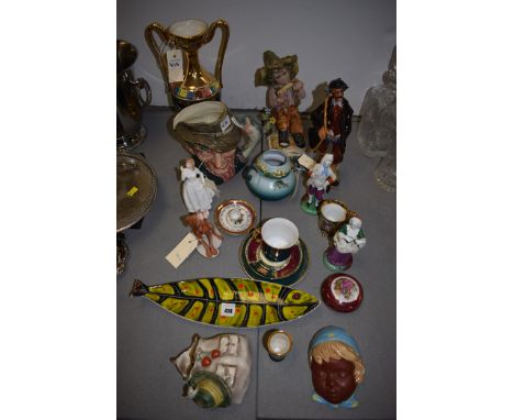 A Royal Doulton character jug 'The Poacher', no. D6429; Capodimonte figure of a boy; Bianchi figure of a huntsman; a Goebel w