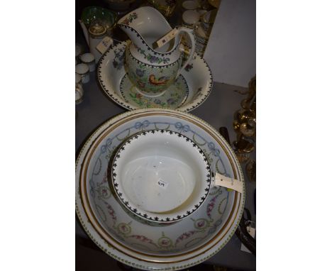 A Copeland Spode wash set, to include: a jug, basin and chamber pot with bird and flower decoration; and two other Victorian 