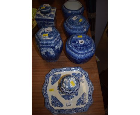Blue and white ceramics, to include: Ringtons biscuit barrels; a Maling plate; and other items.