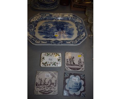 An Ashworth Bros. transfer printed meat dish; three 19th Century tiles; and a Wedgwood 'Strawberry Hill' pattern rectangular 