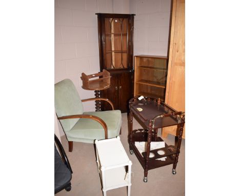 A reproduction mahogany corner display cabinet glazed panel door above two panel doors, 64cms wide; a Victorian mahogany circ