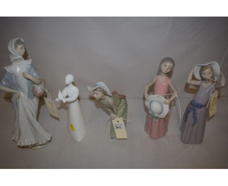 Lladro ceramic figures of girls with hats; a Nao figure of a lady with a basket of flowers; and a Royal Doulton figure 'Peace