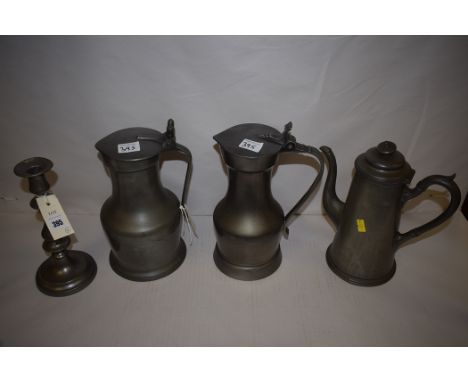 Pewter ware, to include: two lidded jugs, one by Shellberre, the other with London rose mark; a coffee pot by James Deakin & 