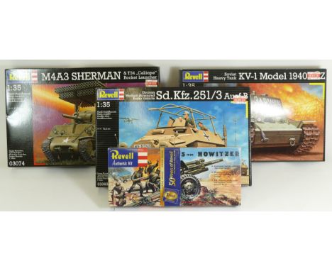 Revell, three plastic 1:35 kits of military models, KV-1. 03085, Sd.Kfz 251/3, 03065, M4A3 Sherman, 03074, and a vintage spec
